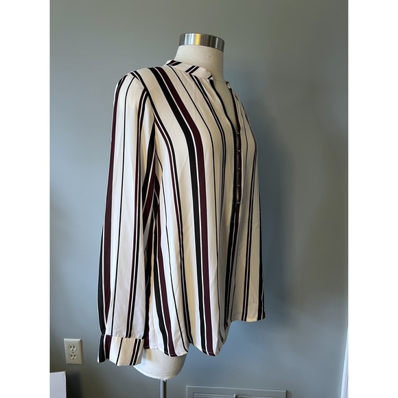 Ivanka Trump Sz L Striped Cream Burgundy hook closure Black Blouse Top POSH55 - Picture 3 of 15